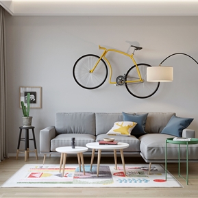 北欧 转角沙发  家居 布艺转角沙发 茶几 植物盆栽 落地灯 自行车 地毯组合