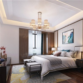 新中式 卧室 主卧室 床品脚踏 吊灯 电视柜 摆件 饰品