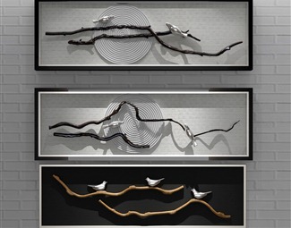 新中式 动物画 立体干枝鸟挂画组合