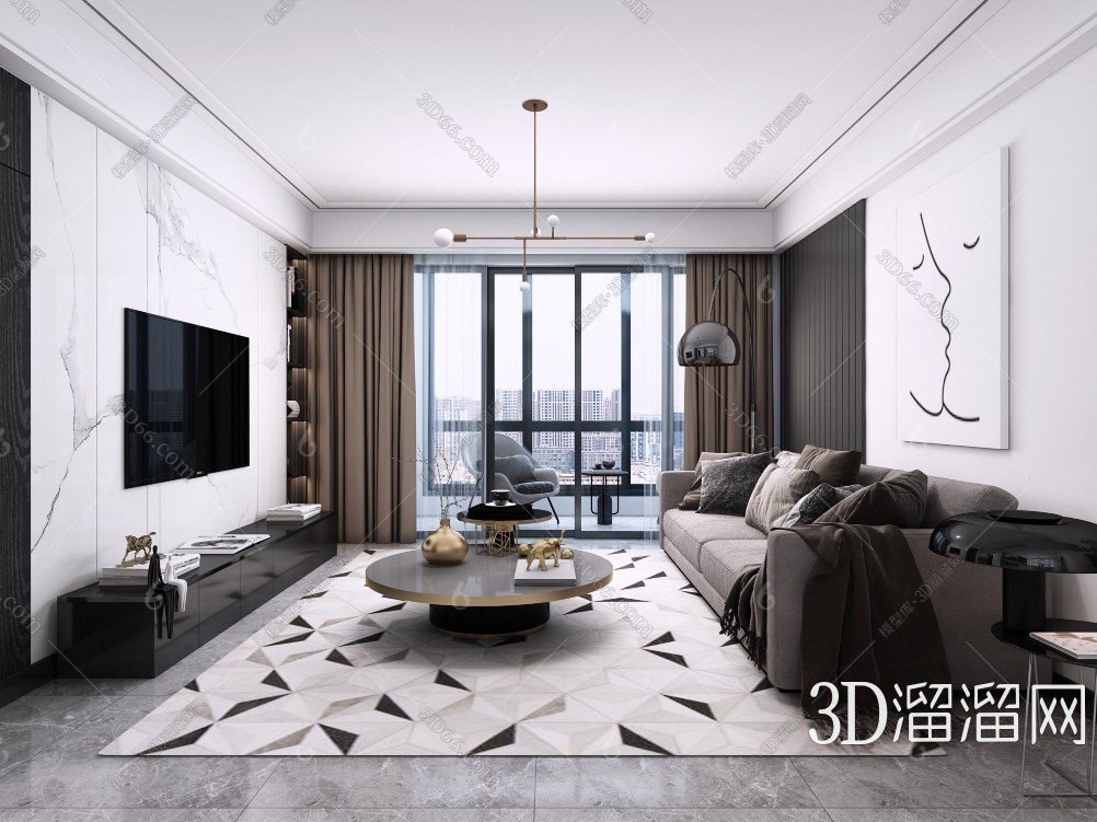 装修效果图3d模型下载】_现代客厅装修效果图3d模型素材下载_3d溜溜网