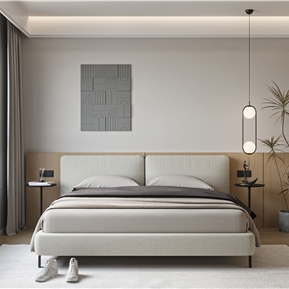 现代 卧室 双人床 床头柜 吊灯 墙饰 植物组合