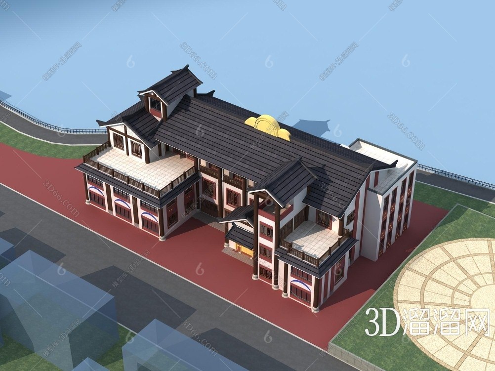 中式古建築外觀3d模型下載