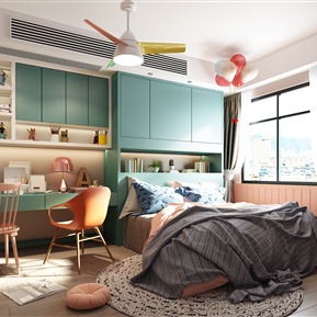 北欧 卧室 儿童房 单人床 书桌 书椅 吊灯 柜子 层架 气球 饰品摆件