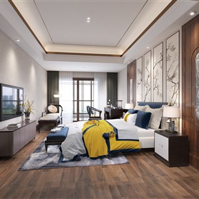 新中式 卧室 电视柜 美人榻 床品组合 书桌椅 挂画 摆件 装饰品