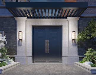 新中式别墅入户大门效果图3d模型下载-3d溜溜网