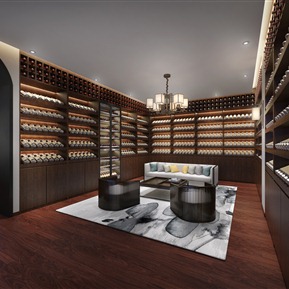 新中式 酒窖 藏酒阁 沙发组合 休闲椅 酒水摆件 吊灯