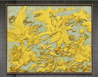 新中式 浮雕 雕塑 神仙打架 姜子牙 麒麟 雷公雷震子 二郎神杨戬