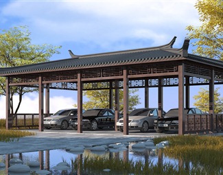 中式候车棚3d模型下载