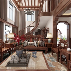 中式 复式客厅 跃层别墅客厅全景