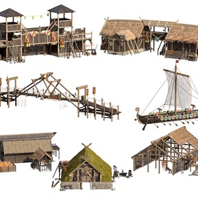 中式 木屋 古建筑木头房子茅草屋