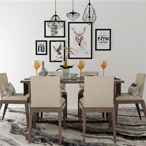 北欧 餐桌椅组合 餐桌吊灯装饰画组合
