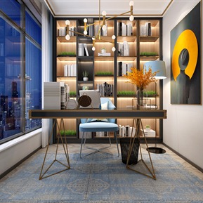 现代 书房 书桌 书柜 装饰画 落地灯 吊灯 摆件装饰品 陈设 休闲椅