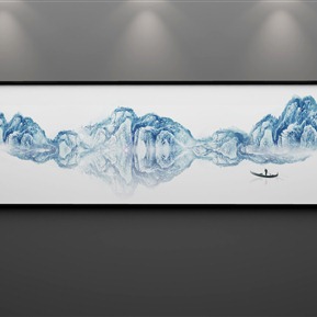 新中式 风景画 创意富贵金山线条飞鸟迎财横版装饰画