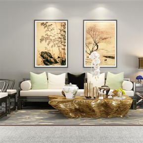 新中式 沙发茶几组合 沙发 茶几 挂画 台灯组合