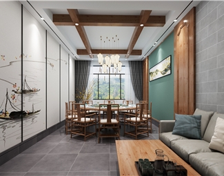 新中式餐厅包间背景墙3d模型下载