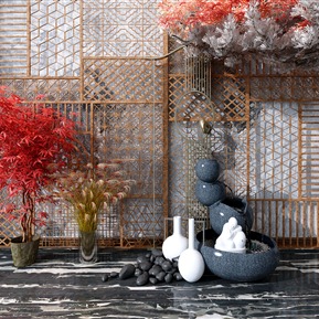 新中式 景观小品 盆景 摆件 背景墙 造型墙 地砖 水景