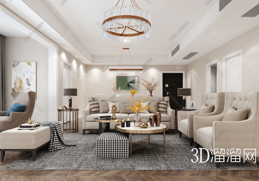 风格客厅3d模型下载】_轻奢现代时尚风格客厅3d模型素材下载_3d溜溜网