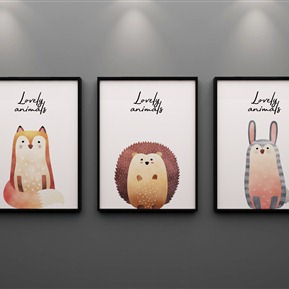 北欧 卡通画 简约 森林麋鹿装饰画 梦之鹿三联画
