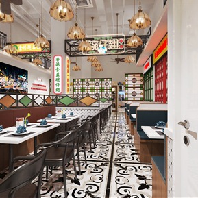 餐厅 港式茶餐厅 餐饮空间 餐桌椅 吊灯 霓虹灯餐厅