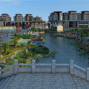新中式 商业街 江南水边小景