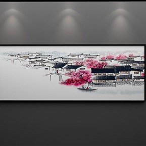 新中式 建筑画 唯美山水瀑布背景墙装饰画