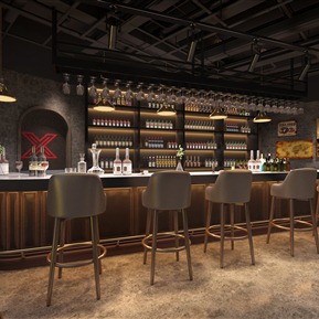 工业LOFT 酒吧 吧台 吧椅 酒水饮料 吊灯 摆件 挂画