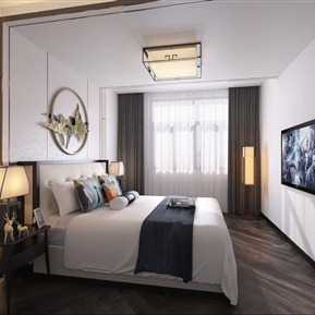 新中式 卧室 床品 墙饰 床头柜 吊灯 落地灯 摆件