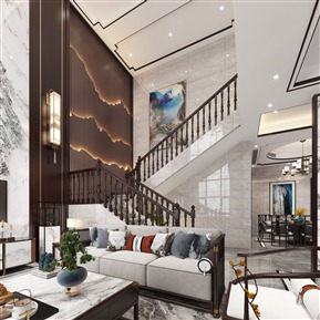 新中式 复式客厅 别墅 客餐厅 书房