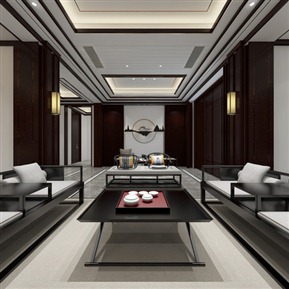 新中式 客厅 客餐厅全景