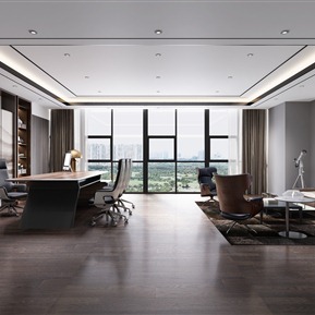 现代 办公室 经理办公室 办公桌椅 书架 沙发组合 皮革沙发 摆件