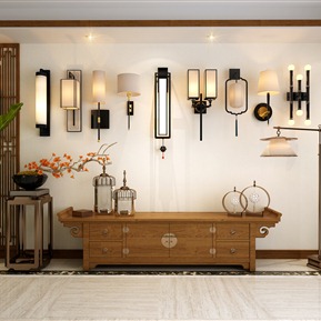 中式 电视柜 壁灯 落地灯 绿植 鸟笼