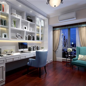 美式 书房 书房书柜摆件座椅窗帘吊灯