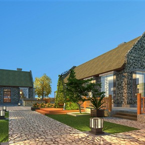 现代 庭院 农家院夜景