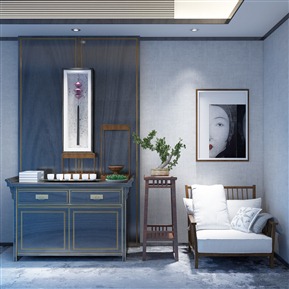 新中式 边柜 单椅 挂画 陈设品组