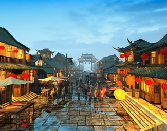 中式 商业街 古建夜景