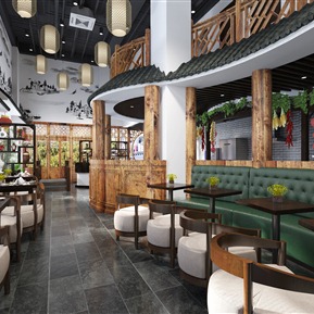 新中式 餐厅 餐饮 饭店 火锅店 建筑 餐桌 吊灯 摆件 饰品