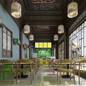 中式 奶茶店 奶茶店吧台餐桌椅古建窗格花格