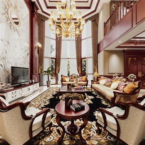 欧式 复式客厅 别墅全景