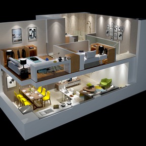 现代 公寓 家装半鸟瞰整体沙发组合餐桌椅床挂画摆件