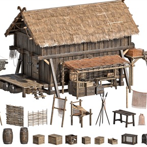 中式 茅草屋 古代建筑木房子农具