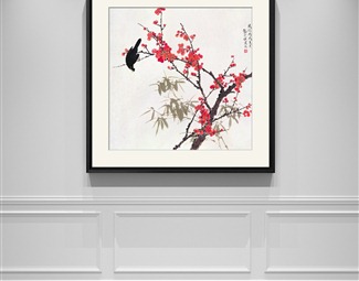 新中式 植物画 红色客厅植物花卉花装饰画