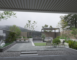 现代 庭院 庭院景观 后院 景观小品 流水景观池 植物堆 绿植树木 廊架凉亭休闲平台