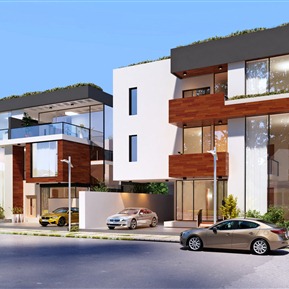 现代 独栋别墅 别墅建筑外立面轿车植物花草绿化