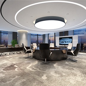 现代 会议室 办公室 圆形会议桌 会议椅 办公椅 地毯 窗帘