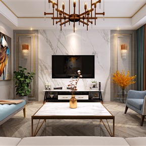 轻奢 客厅 装饰画 沙发 茶几 休闲椅 餐桌 餐椅 电视柜