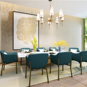 现代 餐桌椅组合  装饰画 挂画 餐桌 餐椅 地毯 绿植
