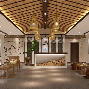 新中式 大厅 民宿酒店大堂接待过道