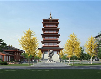 中式观景塔3d模型下载