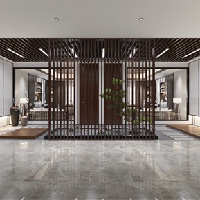 新中式 办公室 枯山水 绿植盆栽 摆件 沙发组合 台灯 书柜