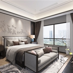 新中式 卧室 主卧室起居室双人床沙发抱枕摆件台灯